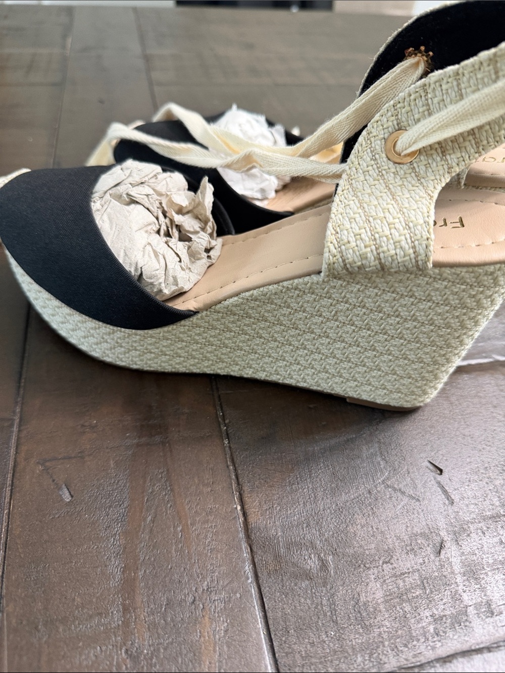 Black and Cream Tie Ankle Espadrille Flats - Women's Shoes